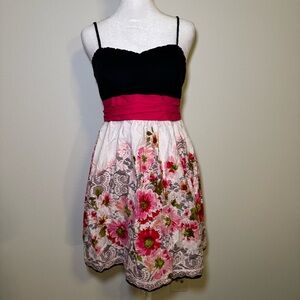 Floral Dress with Black Top and Pink Waistband